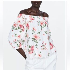 Zara White Floral Off-Shoulder Blouse